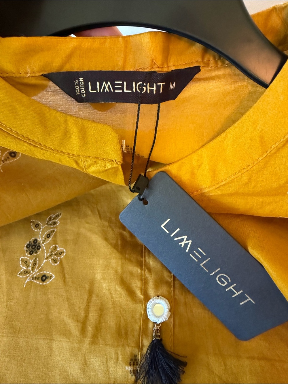 Lightweight Summer Mustard Yellow Kurta w/Tassel & Mirror Accent / Tunic / Lawn - Picture 4 of 10